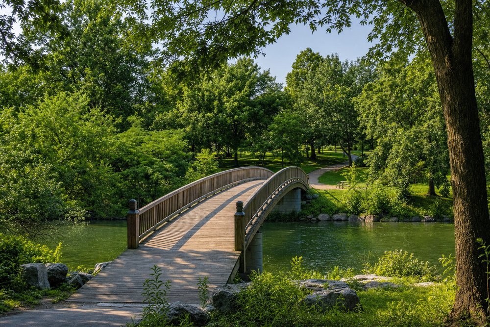 Schmaler hölzerner Fußgängersteg über einen ruhigen Flussarm, der in einen grünen Sommerpark führt