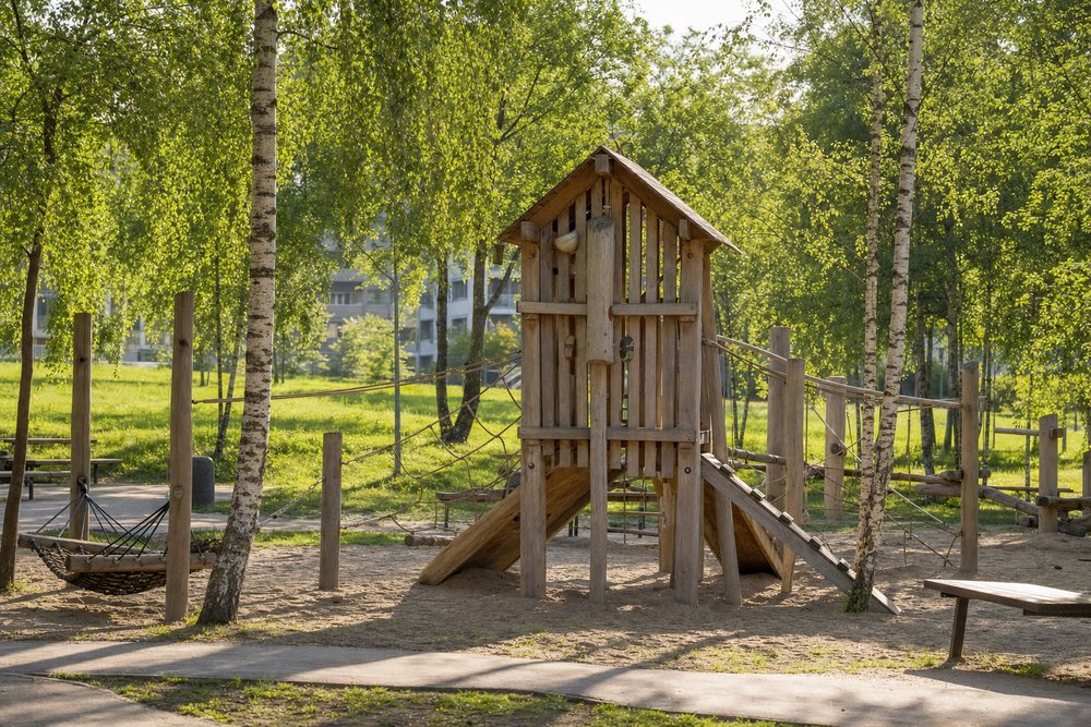 Hölzerner Kletterturm mit Sandspielbereich zwischen jungen Birken im ERBA-Park Bamberg