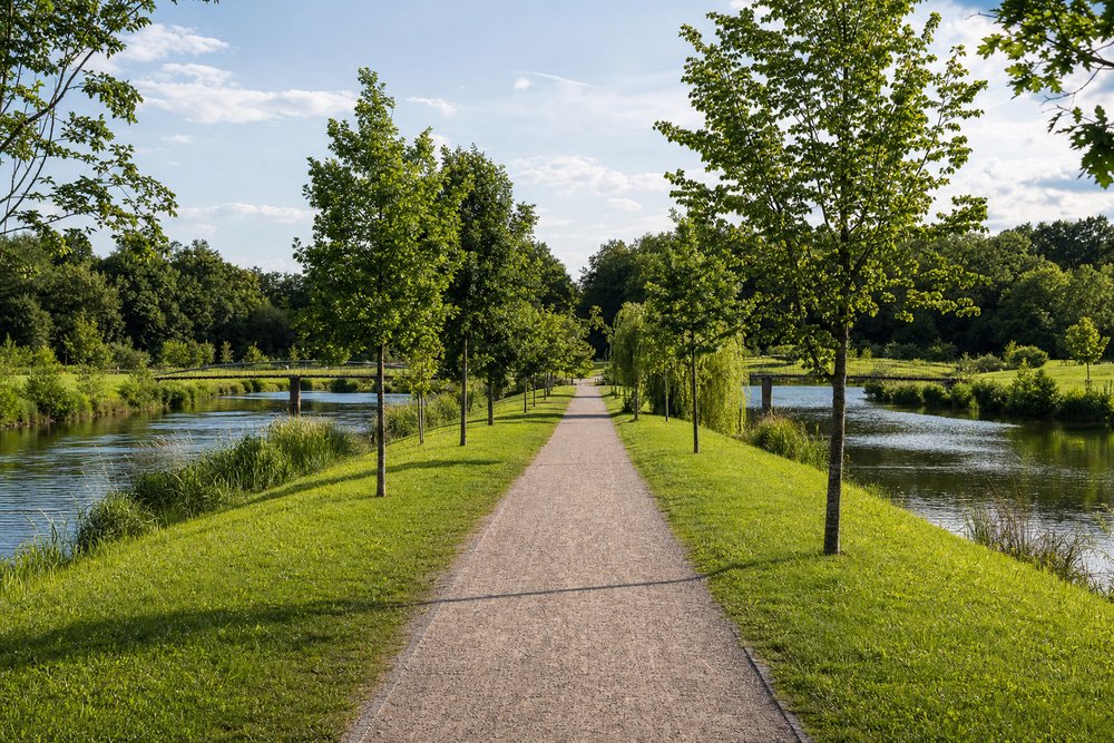 Chausseeartiger Kiesweg über eine grüne Flussinsel im Sommer, beidseits ruhige Wasserarme mit Schilfufern, im Hintergrund ein schlanker Steg