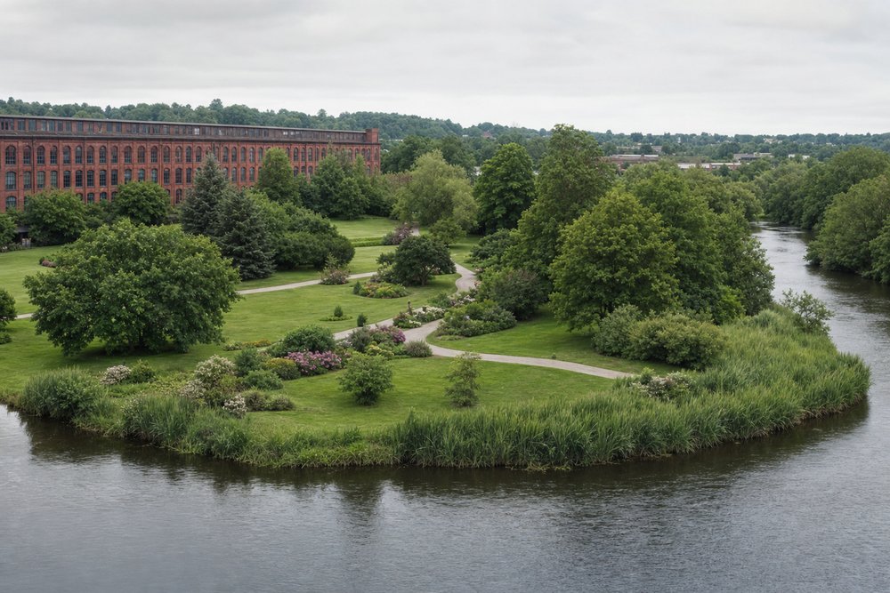 Erhöhter Blick über den ERBA-Park auf der Regnitz-Insel: Wiesen und geschwungene Wege zwischen Bäumen und Staudenbeeten, im Hintergrund das lange rote Backsteingebäude der ehemaligen ERBA-Spinnerei