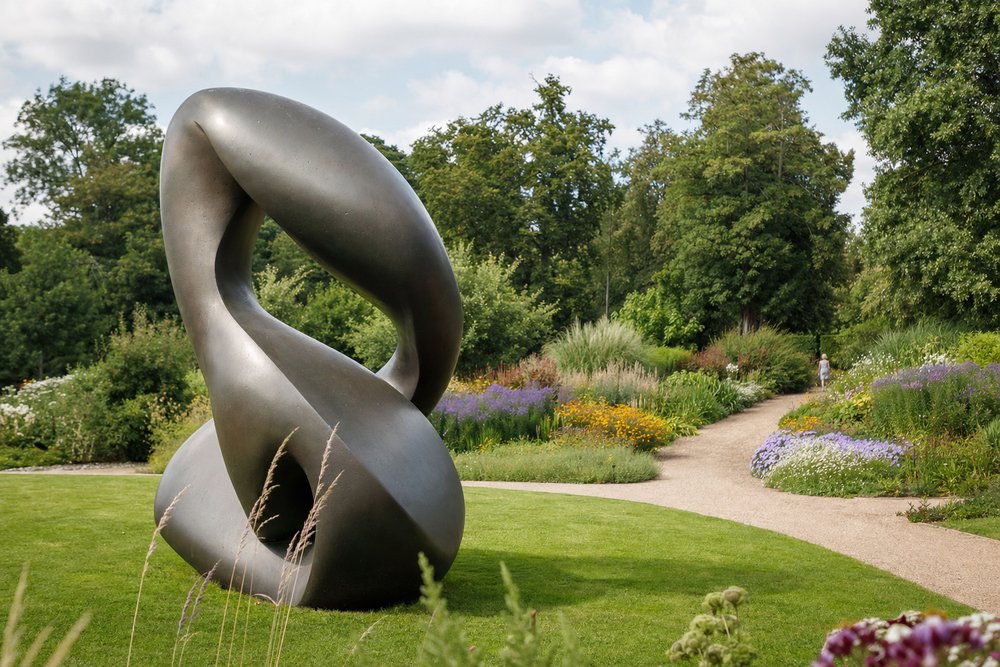 Abstrakte moderne Skulptur mit geschwungenen Formen auf einer Rasenfläche zwischen Staudenbeeten in einem sommerlichen Park