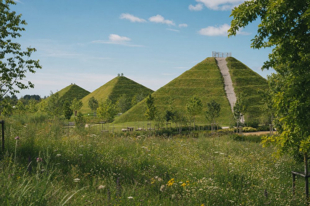 Drei grasbewachsene, pyramidenförmige Aussichtshügel in einem sommerlichen Park, davor eine Blumenwiese