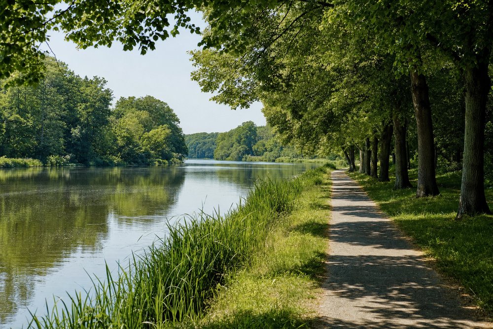 Baumgesäumter Uferweg entlang eines ruhigen Wasserlaufs auf der ERBA-Insel im Sommer
