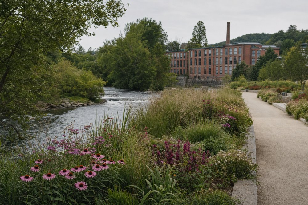 Blühende Staudenbeete an einer Uferpromenade der Regnitz, im Hintergrund das restaurierte rote Backsteingebäude der ehemaligen ERBA-Spinnerei