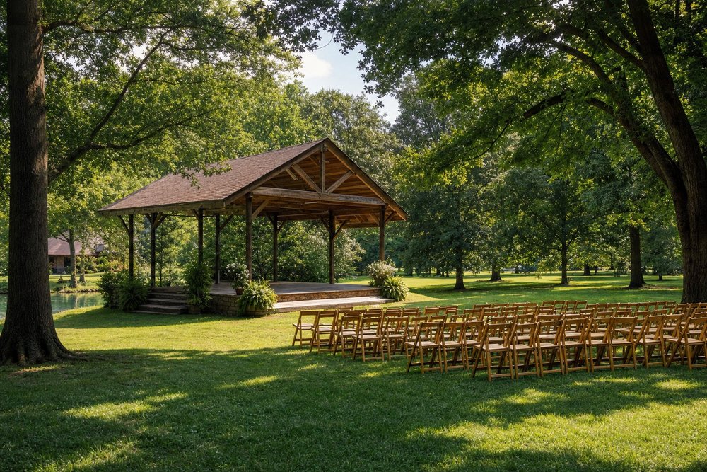 Offene Wiese in einem Sommerpark mit einem kleinen Pavillon als Bühne und einigen leeren Stuhlreihen